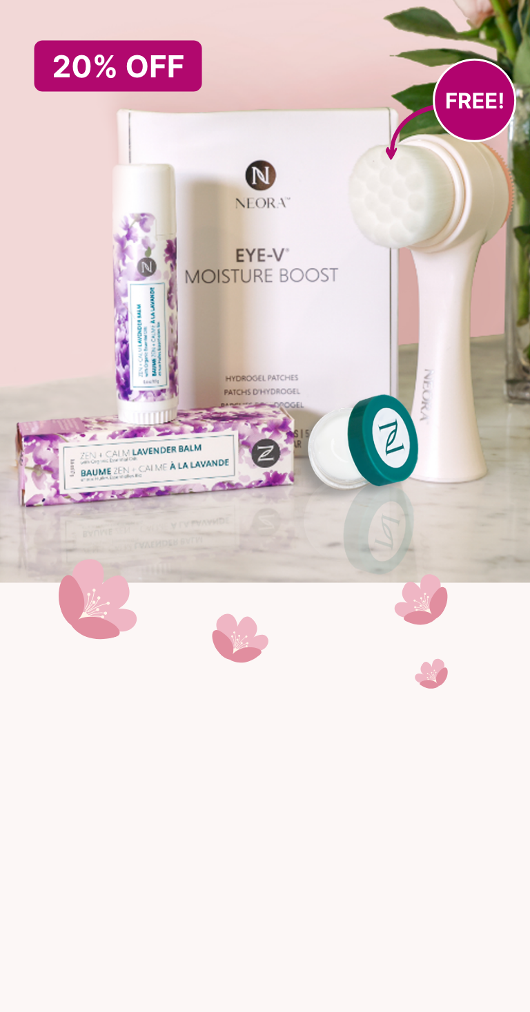 Alt text: Neora’s Make Her Mother’s Day Bundle which includes: Zen + Calm Lavender Balm, Cuticle Balm, Eye-V Moisture Boost Hydrogel Patches and a FREE dual-sided Facial Scrubber